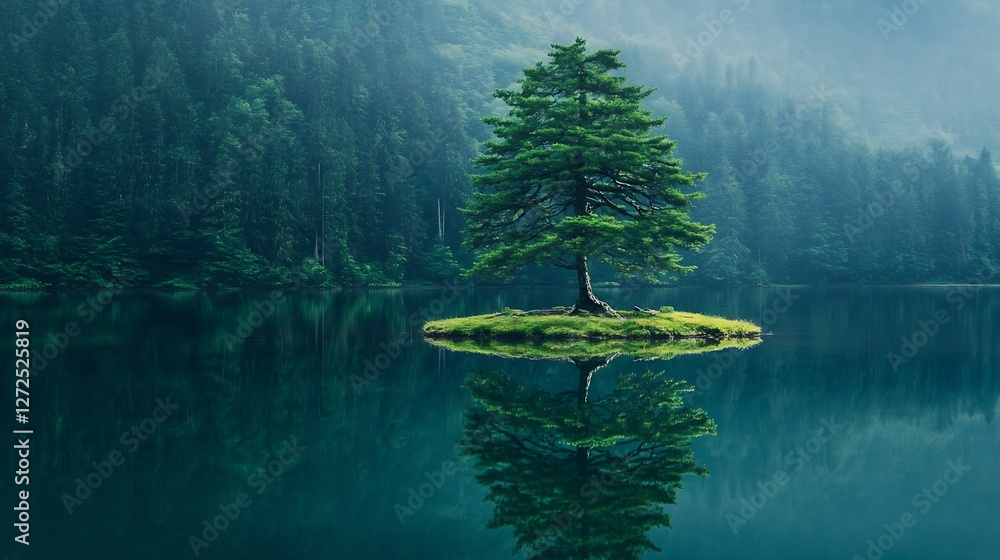 Aufkleber serene reflection of a majestic tree on still water surrounded by lush greenery : generative ai