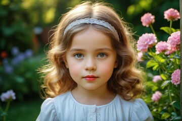 arafed little girl with a white dress and a headband in front of a bush of flowers