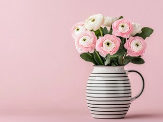 Elegant bouquet of pink and white ranunculus flowers in a striped vase against a soft pink background