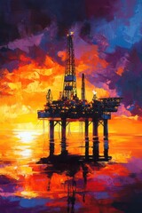 Obraz premium Offshore oil rig sunset, ocean reflection, energy industry, dramatic sky, artwork