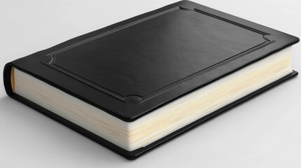 Elegant black leather bound book resting on a white surface inviting readers to explore its contents and stories