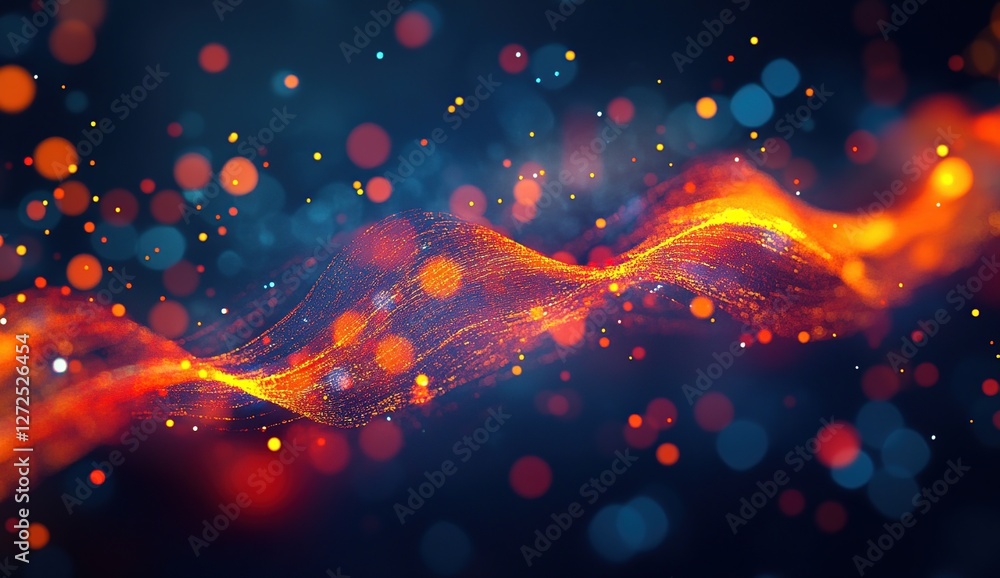 Poster abstract orange and blue particles flow dynamically in dark background, creating a mesmerizing visua
