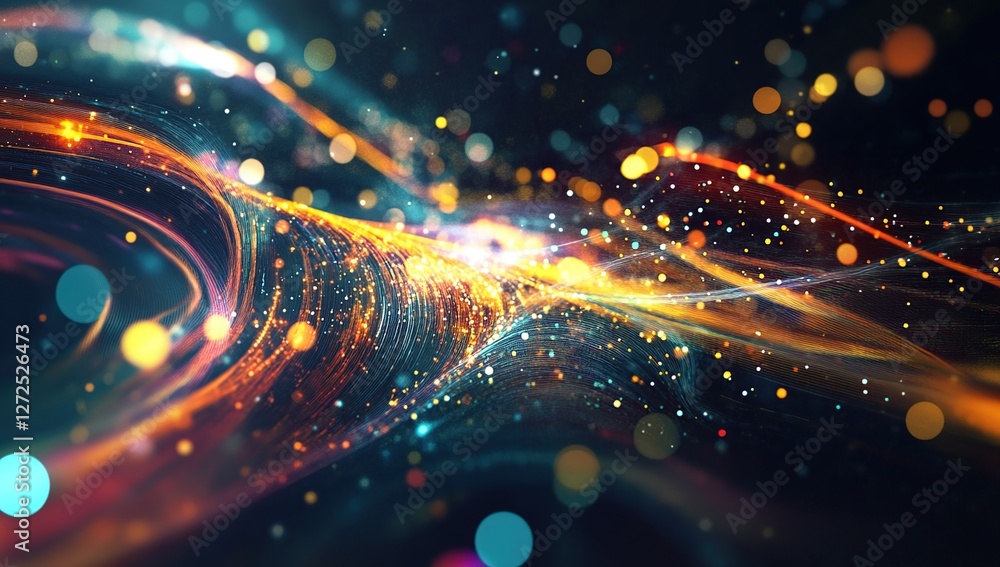 Poster abstract colorful light particle waves flow dynamically in dark space, showing energy and motion, ca