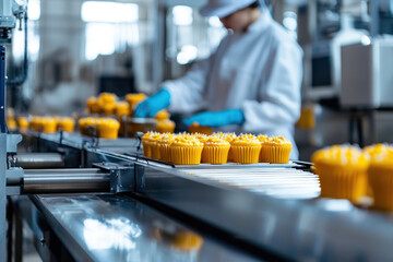 A food processing plant with conveyor belt displaying yellow cupcakes being prepared. automated system ensures quality control
