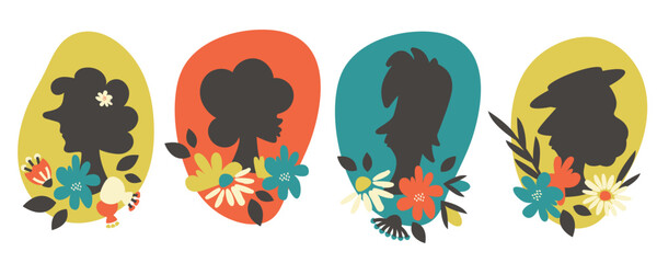 Cartoon women characters avatars set. Profile silhouette woman. Comic face portraits in circles. Hand drawn Hair contour. Females with modern floral elements. Vector illustrations