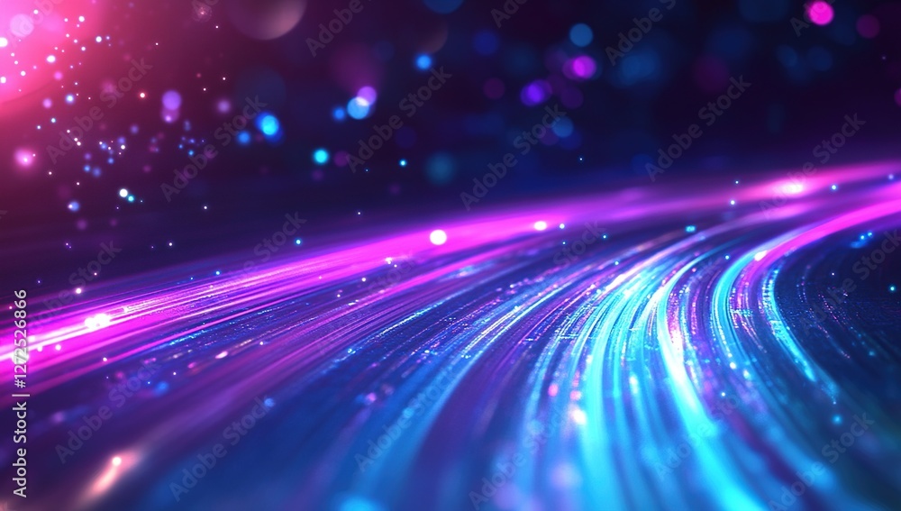 Poster vibrant neon light trails flow dynamically across dark background, showing futuristic speed and ener