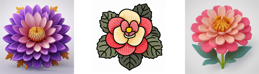 Three flower illustrations are presented. Two are dahlia-like in purple, pink, and orange hues. One is a red and yellow rose with outlined green leaves.