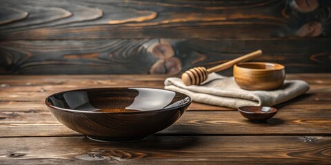 Rustic wooden table setting with dark brown bowl, honey dipper, and small wooden bowls, arranged on a linen cloth, ready for a culinary experience.
