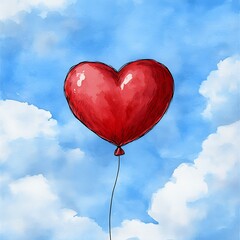 Fototapeta premium Floating Red Heart Balloon Against a Blue Sky with Fluffy White Clouds