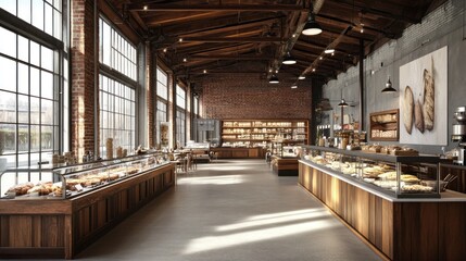 Fototapeta premium Modern Bakery Interior Design With Exposed Brick Walls