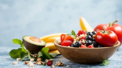 Delicious and Healthy Fruit Salad with Granola in Wooden Bowl