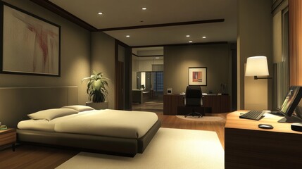 Fototapeta premium Modern bedroom suite with attached office, featuring a king-size bed, hardwood floors, and soft lighting.