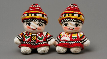 Fototapeta premium Cute Knitted Dolls in Festive Ethnic Attire – Handmade Toys with Intricate Stitch Patterns