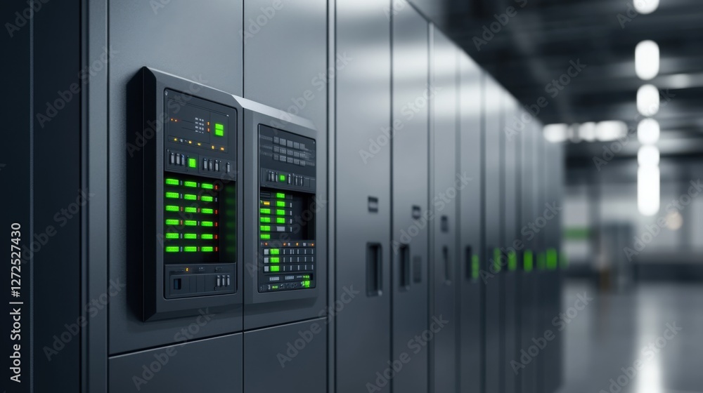 Poster high-tech server room with illuminated control panels and storage units in modern data center enviro