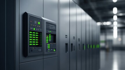 High-Tech Server Room with Illuminated Control Panels and Storage Units in Modern Data Center Environment