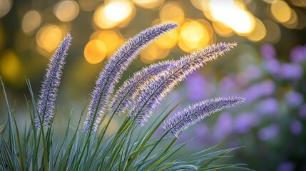 Purple grass flowers in golden sunset light