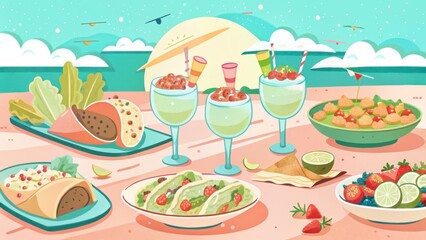 Delicious Summer Feast with Colorful Drinks and Tacos Beachside Food Illustration Sunny Environment Vibrant Concept