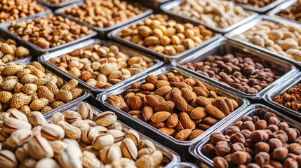 Obraz premium A Nuts in various types and colors displayed in trays, showcasing healthy snacks