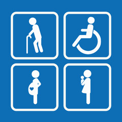 A set of priority seating icons featuring symbols for elderly individuals, disabled persons, pregnant women, and parents with infants. Suitable for signage, public transportation, and accessibility