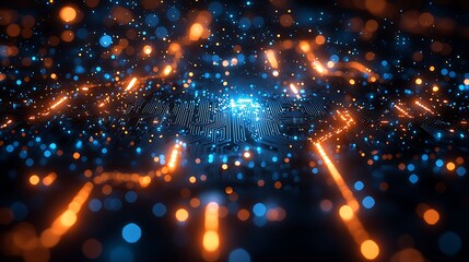 Fototapeta premium Abstract digital data streams, glowing particles, technology background; website header