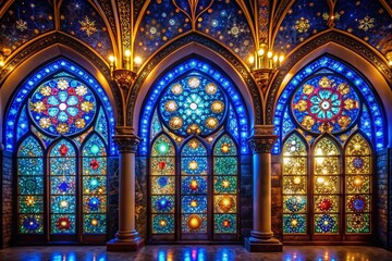 Obraz premium Nighttime Gothic Architecture: Five Blue & Gold Stained Glass Arched Windows