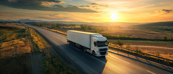 A produce truck drives on highway during sunny day, surrounded by agricultural landscape. sunset creates warm atmosphere