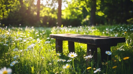 Naklejka premium Wooden Bench in Sunny Field of Daisies
