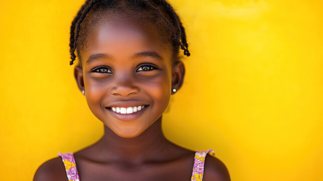 A joyful African-American girl’s bright smile radiates warmth and happiness.
