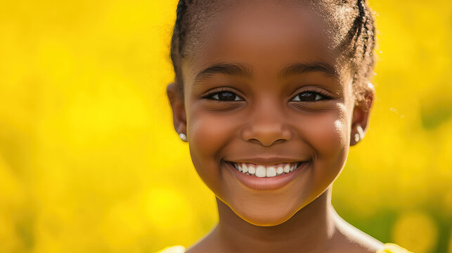 A joyful African-American girl’s bright smile radiates warmth and happiness.
