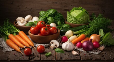 AI image Freshly harvested vegetables, including tomatoes, carrots, cabbage, and mushrooms, arranged in wooden bowls on a rustic wooden surface, showcasing natural goodness.