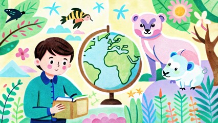 Fototapeta premium Exploring Nature with a Globe Child's Room Illustration Vivid Colors Playful Scene Learning Adventure