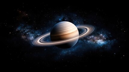 Naklejka premium Saturn with its prominent rings floats in deep space against a backdrop of a glowing blue nebula and distant stars.