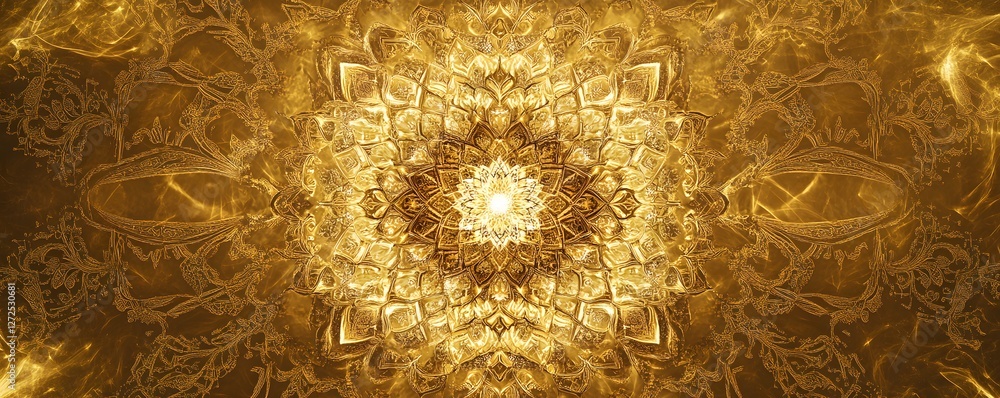 Poster intricate golden fractal design creates a mesmerizing and radial pattern