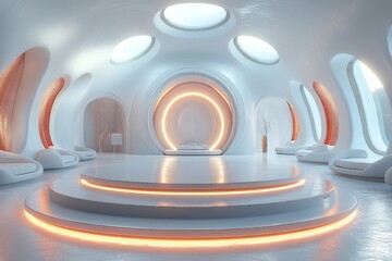 Obraz premium Futuristic White Room with Circular Stage Centered Amidst Bright Light and Shadow Effects. Sci-Fi Scene Ideal for Product Presentation.