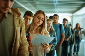 Obraz premium Students in a queue, waiting for enrollment. Young adults focused on application forms, hopeful for their future at university. Higher education, opportunity, and potential.