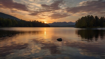 Obraz premium Golden Sunset over Calm Lake with Mountains