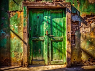 Old Weathered Green Wooden Door - Low Light Photography Stock Photo