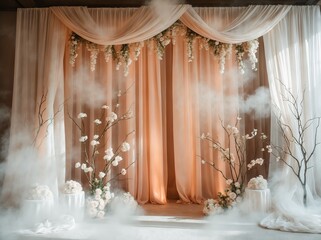 Dreamy Wedding maternity engagement studio photo backdrop banner background with soft blush peach cream white color delicate rustic flowers and misty haze foggy romantic curtains