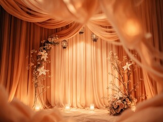 Dreamy wedding maternity engagement studio photo backdrop banner background with soft orange terracotta brown earth tone color delicate rustic flowers lights and misty haze foggy romantic curtains