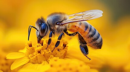 Fototapeta premium Honeybee pollinating yellow flower, close-up, blurred background, nature
