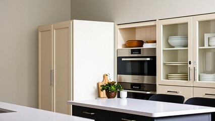 Modern Beige Kitchen Cabinets and Appliances with Island Countertop
