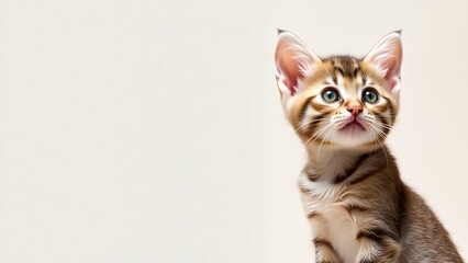 Obraz premium Adorable Tabby Kitten Looking Upwards Against a Light Beige Background