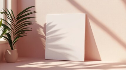 Empty canvas in a sunlit room with a houseplant.