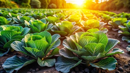 Obraz premium Organic Cabbage Patch: Young Cabbage Heads in a Sustainable Garden