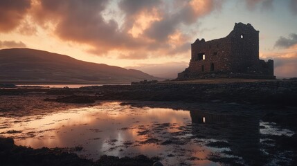 Obraz premium Sunset Illuminates Ancient Castle Ruins by the Sea