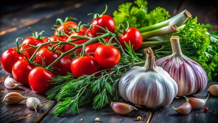 Organic Farm Fresh Garlic, Cherry Tomatoes, Parsley & Dill on Black Table
