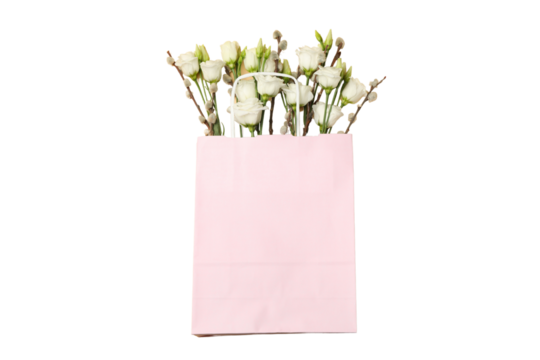 PNG, March 8. Gift bag with flowers, isolated on white background.