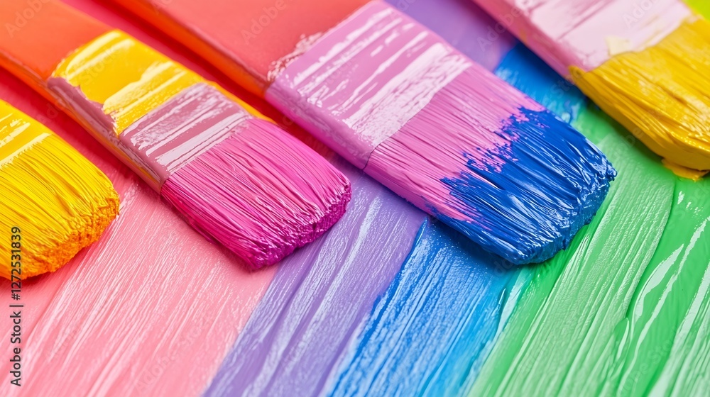 Poster vibrant assortment of paint brushes with colorful paint strokes in a bright arrangement : generative