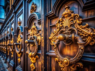 Obraz premium Ornate Gilded Gate Handles, Baroque Palace Entrance - Low Light Photography