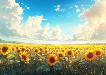 Fototapeta premium Sunflowers Bloom Brightly under a Summer Sky, Painting a Vibrant Landscape of Joyful Yellows